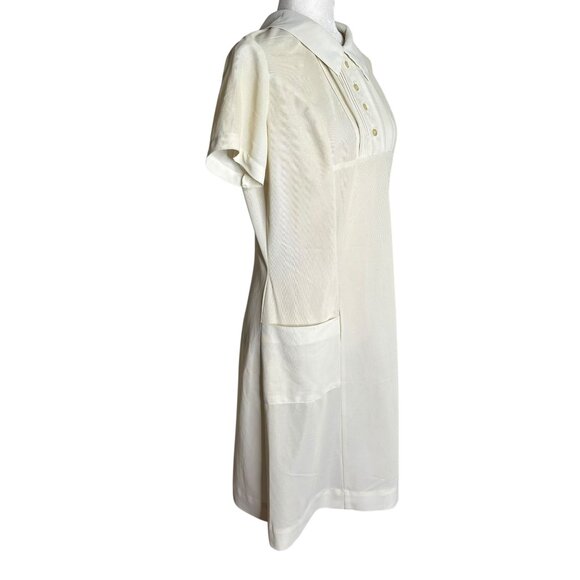 Vintage 70s Short Sleeve Shift Dress Small White Collar Pintuck Zipper Pockets - Picture 7 of 8